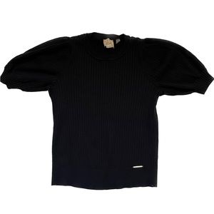 Elie Tahari Ribbed Knit Black Puff Sleeve Top Women's M